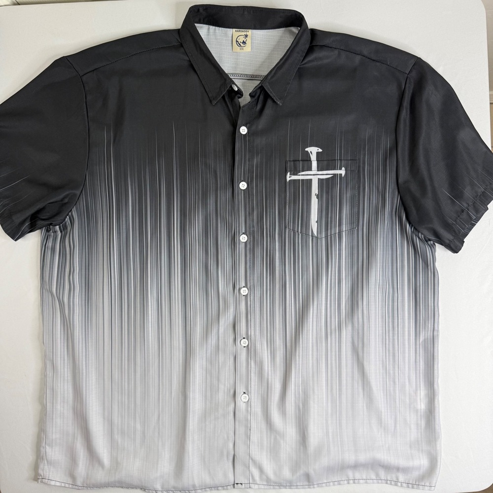 Hardaddy Mens XXL Black White Ombre Nail Cross Graphic Button Up‎ Shirt 1431110#